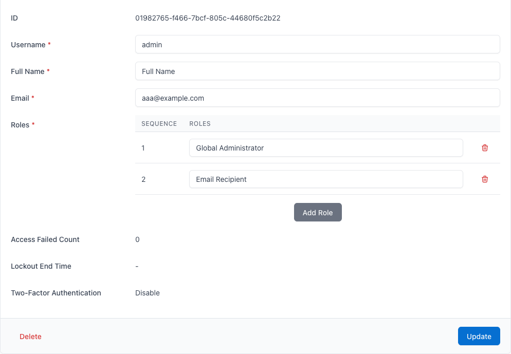 Screenshot of the user settings page